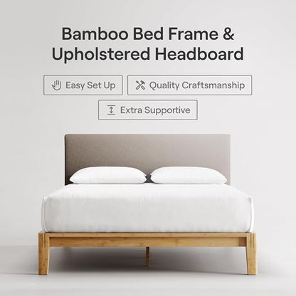 Nectar Bamboo Platform Bed Frame & Upholstered Headboard - Twin - Natural/Slate - Floating Center Support Legs -12” Height - Easy Tool Free Set Up - Sturdy Wooden Support Slats - Holds Up To 500 lbs