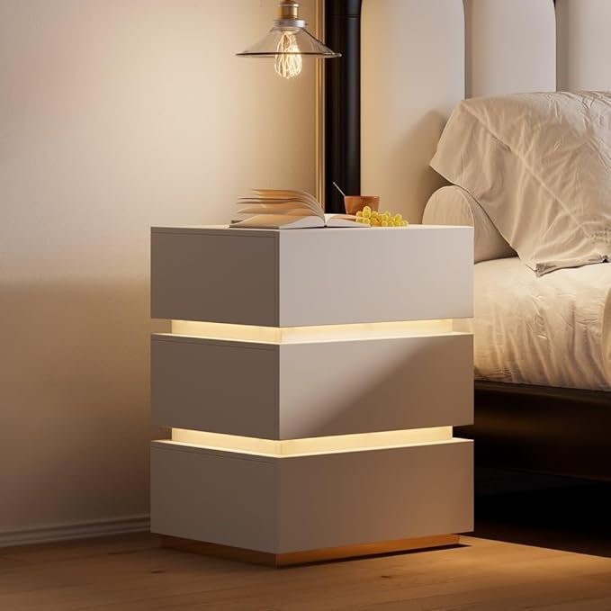 homary Modern Smart Nightstand with Wireless Charging Station, Bedside Table with 3 Drawers, White Night Stand with LED Light