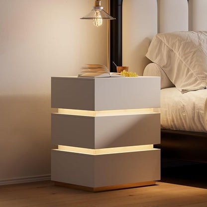 homary Modern Smart Nightstand with Wireless Charging Station, Bedside Table with 3 Drawers, White Night Stand with LED Light