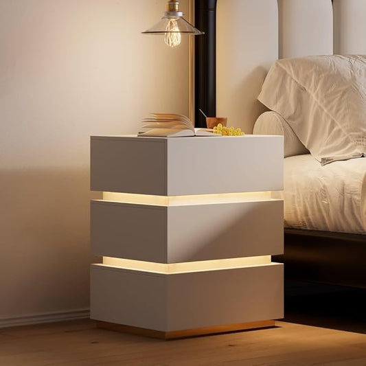 homary Modern Smart Nightstand with Wireless Charging Station, Bedside Table with 3 Drawers, White Night Stand with LED Light