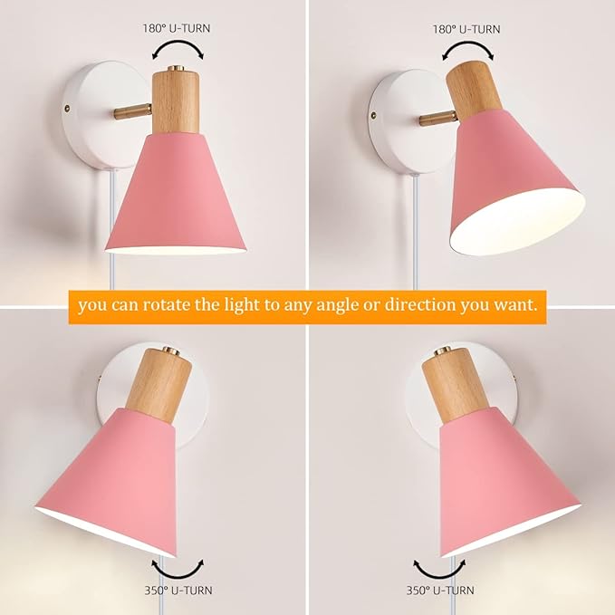 Plug in Wall Sconces Lighting Fixture Pack of 2, Wooden Adjustable Pink Bedside Wall lamp for Industrial Bedroom, Bathroom Sink Lighting (Plug-in Pink)