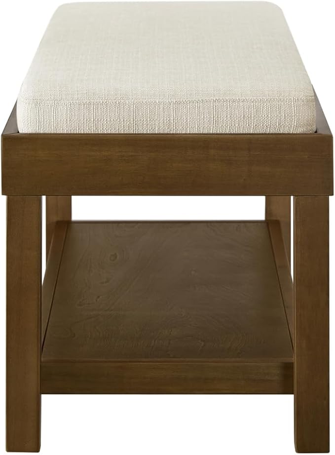 24KF Large Rectangular Storage Bench,Upholstered Seat Cushion,Ottoman Coffee Table with Ivory Removable Cushion for Living Room,Entryway Bench Bed Bench with Solid Wood Shelf,5069-Ivory