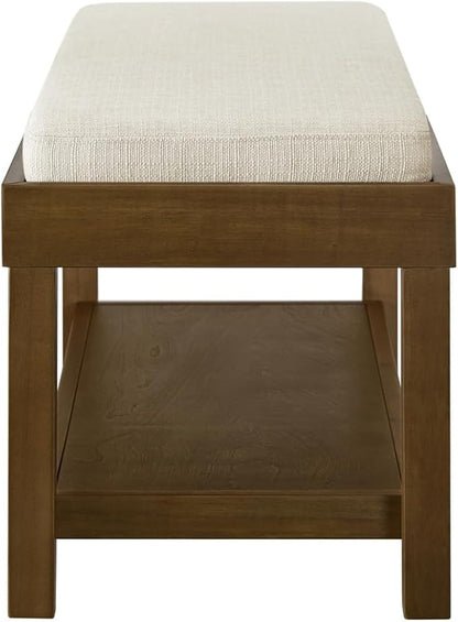 24KF Large Rectangular Storage Bench,Upholstered Seat Cushion,Ottoman Coffee Table with Ivory Removable Cushion for Living Room,Entryway Bench Bed Bench with Solid Wood Shelf,5069-Ivory