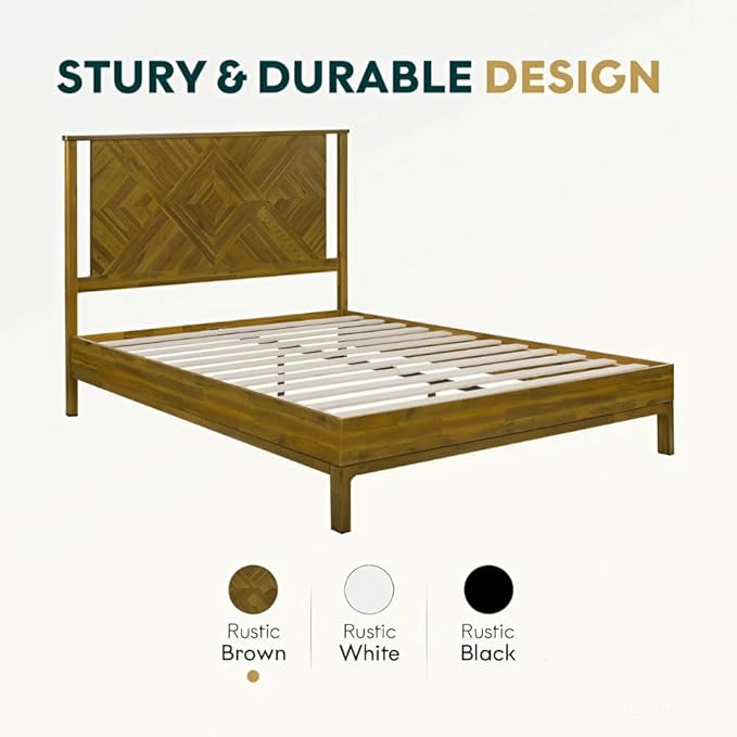 Bme Ethan Queen Bed Frame with Diamond Headboard, Mid-Century Modern, Solid Acacia Wood, No Box Spring Needed, Fits All Mattresses, Rustic Brown