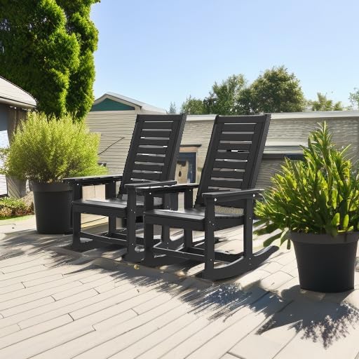 GREENVINES Outdoor Rocking Chairs | Set of 2 | Porch Rocker | HDPE Plastic | Black | Oversized Rockers | High Back | Big & Tall | Ladder Back | for Patio Outside Backyard Balcony