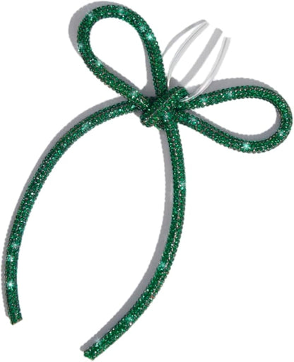 FLAIR GIFTS 6 Pcs 4.3" x 6" 2025 Christmas Bows for Tree Decor, Green Sparkly Glitter Rhinestone Bow Ornaments with Twist Tie for Xmas Decoration, Wreath, Garland, Gift Wrapping