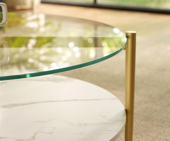 AGV LIGHTING Round Glass Coffee Table, Mid-Century Modern Coffee Table for Living Room, Glod Finish Leg, Tempered Glass Top with White Marble MDF Shelf