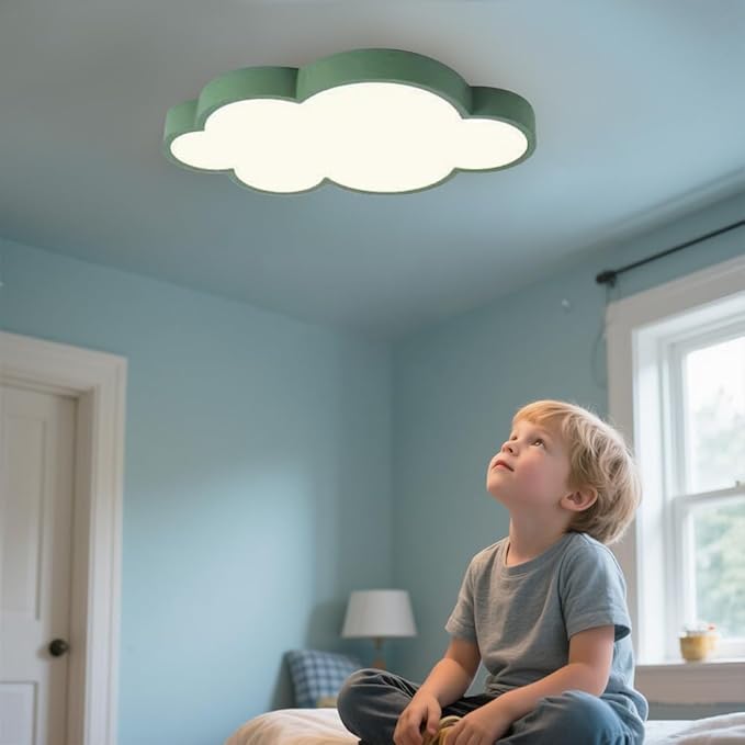 Kids Room Light Fixture/Cloud Shape LED Ceiling Light, 22 inch, 48W, Remote Control with 3 Colors & Dimming, Green Frame