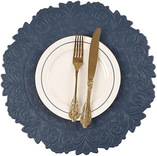 Noctiflorous Round Faux Leather 15 Inch Placemats Set of 6 Waterproof Wipeable Heat Resistant Tablemat for Dining Table Kitchen Non Slip Oilproof Table Place Mat for Indoor Outdoor(A Blue, 6)