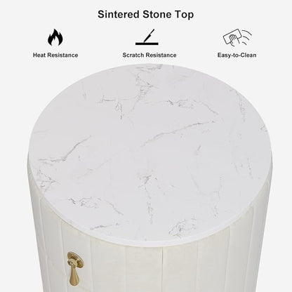 homary White Velvet Nightstand with 3 Drawers, Round Bedside Table with Sintered Stone Top, Modern Nightstand with Storage for Bedroom, End Table for Living Room