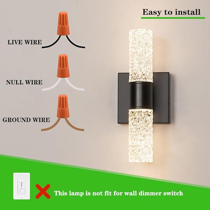 Black Sconces Wall Decor Set of 2, Crystal Bathroom Vanity Light Fixture, Modern Hardwired Wall Sconce Light Over Mirror, LED Sconces Wired for Bedroom Hallway Stairwells