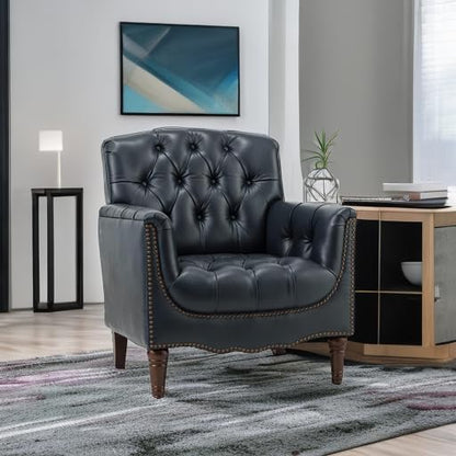 HULALA HOME Mid Century Modern Leather Club Chairs, Top-Grain Genuine Leather Armchairs with Button-Tufted Back & Solid Wood Legs, Accent Chairs for Living Room/Bedroom/Home Office, Navy