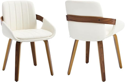 Dining Chairs Set of 2, Mid Century Modern Dining Room Chairs with Arms and Mid Back PU Leather Upholstered Bentwood Kitchen Chairs for Home Restaurant Office - Beige