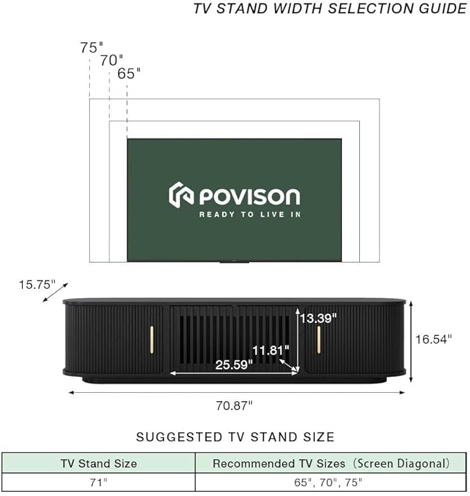 POVISON Fully-Assembled Mid-Century Modern Tambour Door TV Stand, Wood TV Console, Entertainment Center with Storage for 70 inch TV, Media Console for Living Room