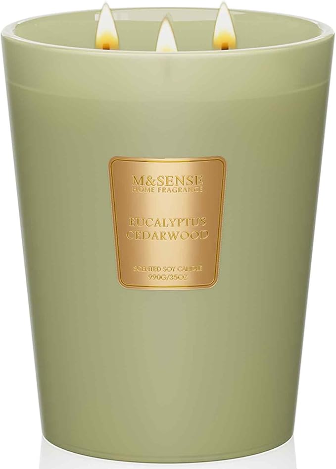 M&SENSE Eucalyptus & Cedarwood Scented Candle, 3 Wick 35oz Natural Soy Wax, Green Candles Gift for Fall Winter Home Scented, 150 Hours Long Lasting Slow Burning