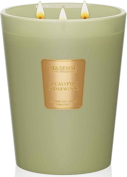M&SENSE Eucalyptus & Cedarwood Scented Candle, 3 Wick 35oz Natural Soy Wax, Green Candles Gift for Fall Winter Home Scented, 150 Hours Long Lasting Slow Burning