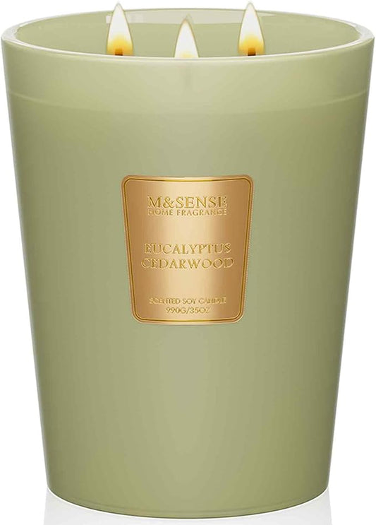M&SENSE Eucalyptus & Cedarwood Scented Candle, 3 Wick 35oz Natural Soy Wax, Green Candles Gift for Fall Winter Home Scented, 150 Hours Long Lasting Slow Burning