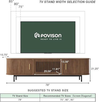 POVISON Sliding Tambour Door TV Stand, Mid Century Modern Sintered Stone TV Console, Wood Media Console for 75 Inch TV, Entertainment Center with Storage Cabinet, Fully-Assembled (Walnut, 78.74")
