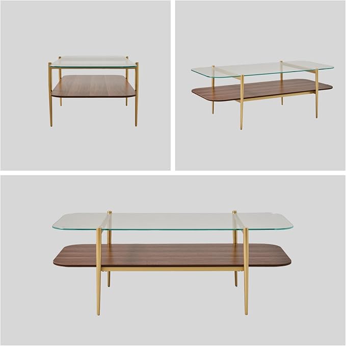 Saint Mossi Tadio Oval Glass Coffee Table, Double Layer Coffee Table for Living Room, Clear Glass & Coffee Brown MDF Bottom Shelf, H17xL47xW21