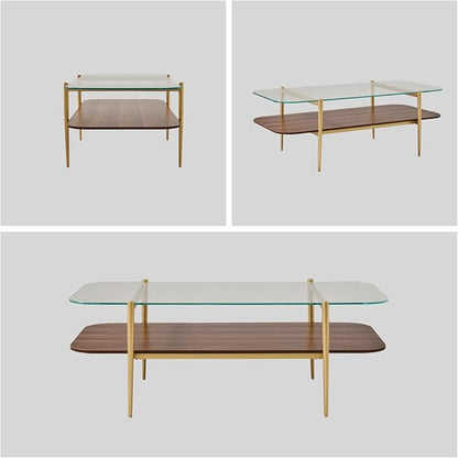 Saint Mossi Tadio Oval Glass Coffee Table, Double Layer Coffee Table for Living Room, Clear Glass & Coffee Brown MDF Bottom Shelf, H17xL47xW21