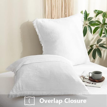 Simple&Opulence 100% Linen Euro Sham Pillow Covers Belgian Flax-Set of 2, Decorative Pillow Cover with Tassels, Boho Shabby Chic Style for Couch/Bed, White, 26" x 26"