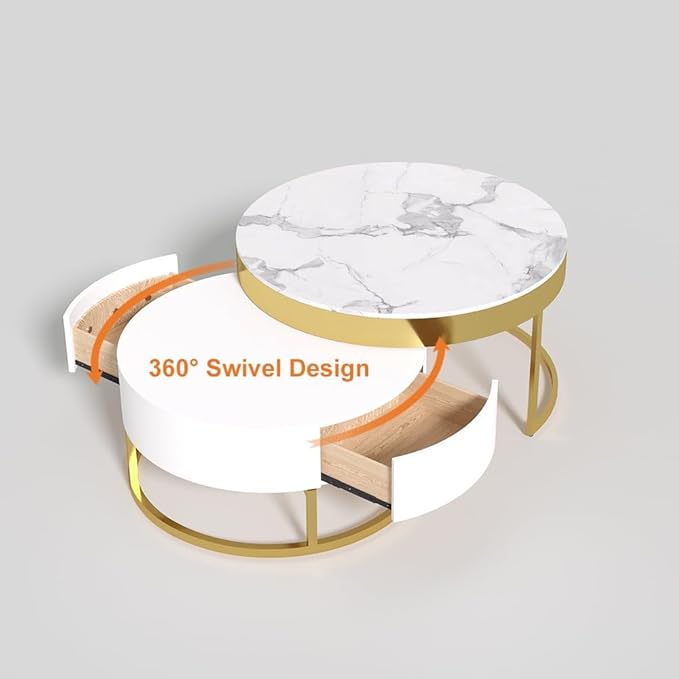 homary Round Lift-Top Coffee Table with Storage, White Faux Marble Nesting Coffee Tables with Rotatable Drawers for Living Room