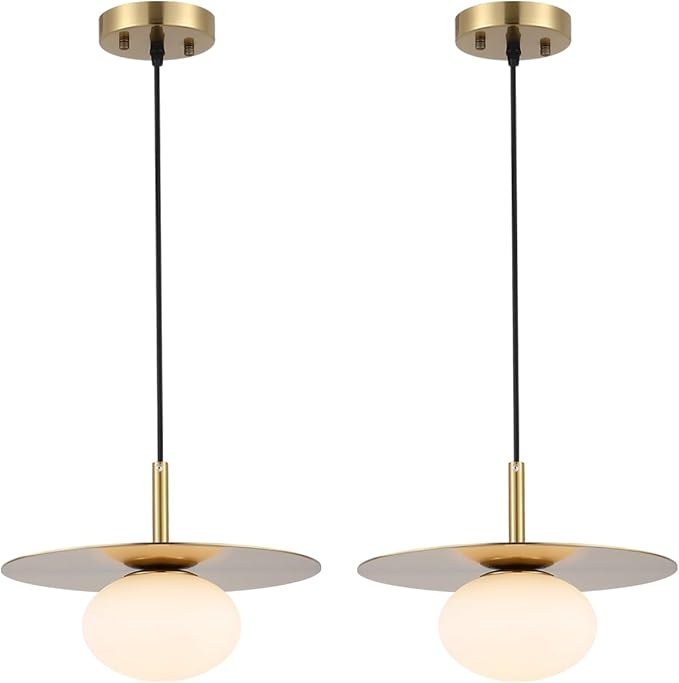 Modern Globe Pendant Lighting Set of Two Milky White Glass Shade Brass Gold Farmhouse Pendant Light 11.81" Dome Industrial Hanging Ceiling Light Fixture Kitchen Island Dinning Room Bedroom