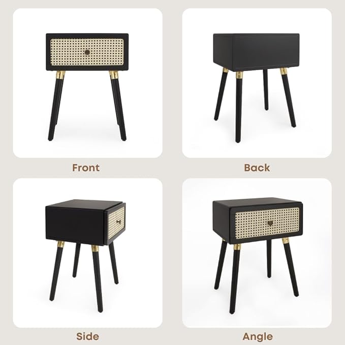 Bme Nipe Black Solid Wood Rattan Woven Cane End Table Bedside Table for Modern Bedroom Boho Living Room