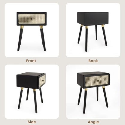 Bme Nipe Black Solid Wood Rattan Woven Cane End Table Bedside Table for Modern Bedroom Boho Living Room