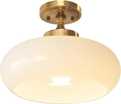 Mid Century Modern Semi Flush Mount Ceiling Light Fixture, Gold with 11.02" Milk White Glass Shade, Vintage Close to Ceiling Lamp for Hallway, Entryway, Bathroom, Closet