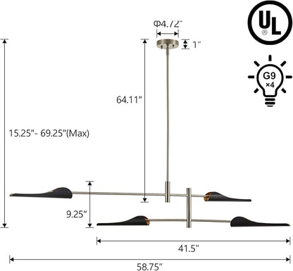 59" Industrial Pendant Light Contemporary Farmhouse Chandelier with Brushed Nickel Finish Modern Pendant Lighting Fixture for Dining Room Living Room Kitchen Island Bedroom, UL Listed