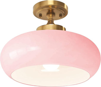 Mid Century Modern Flush Mount Ceiling Light Vintage Pink Close to Ceiling Light Fixtures Overhead Light Gold Glass for Kids Room Hallway Living Room Kitchen