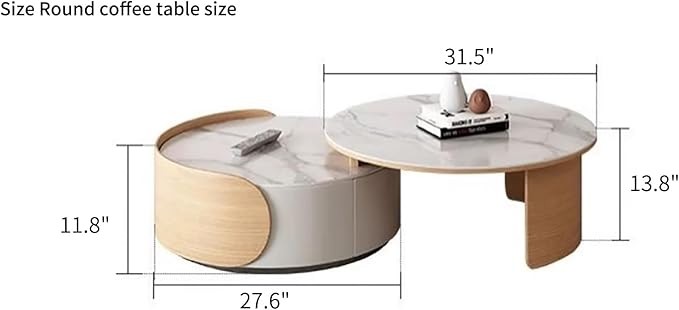 31.5'' Round Coffee Table, Modern Nesting Coffee Table with Storage Drawer, White Sintered Stone Coffee Table Wood Coffee Table for Living Room, Office