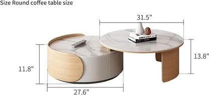 31.5'' Round Coffee Table, Modern Nesting Coffee Table with Storage Drawer, White Sintered Stone Coffee Table Wood Coffee Table for Living Room, Office