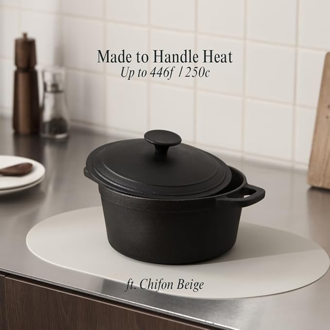 Chifon Beige Oval Silicone Placemats Set of 4 – Heat Resistant, Waterproof, Easy to Clean Non-Slip Modern Dining Table Mats – Premium Leather Textured Japandi Kitchen Decor (Grey Beige)