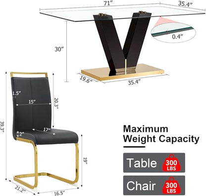71" Glass Dining Table Set for 6, Dining Table Set 6, Modern Kitchen Table and 6 PU Chairs, Tempered Glass Top and MDF Base, Dining Room Table Set for 6