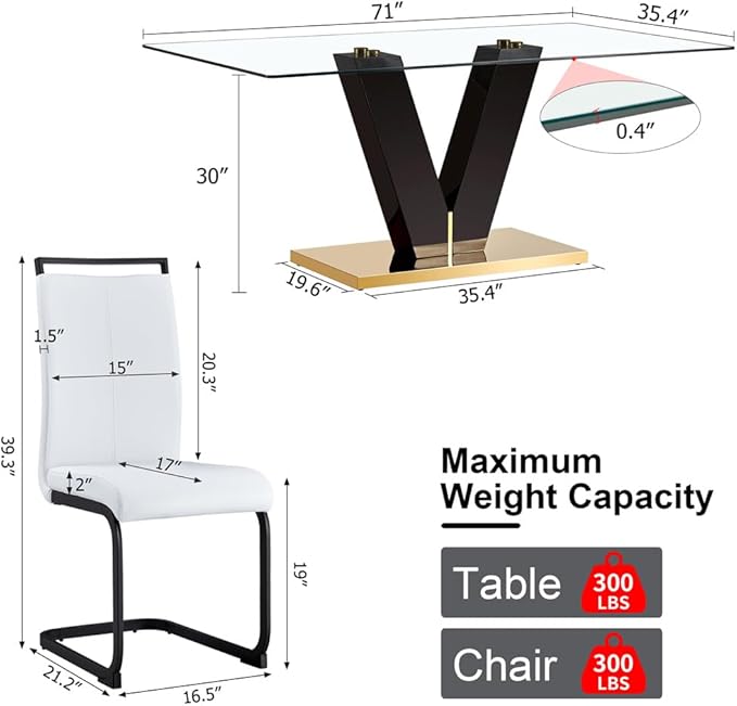71" Glass Dining Table Set for 4, Modern Kitchen Table Set for 4, Dining Room Table Set for Home
