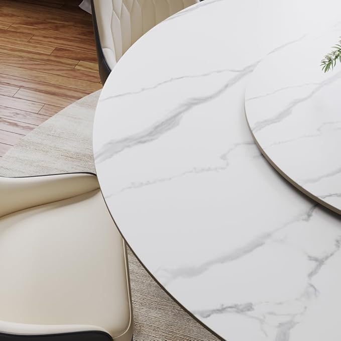 POVISON Round Dining Table with Lazy Susan, 59" Matte White Sintered Stone Top Dining Table with Gray Carbon Steel Pedestal, Modern Dining Room Table for Kitchen, Living Room (Table Only)