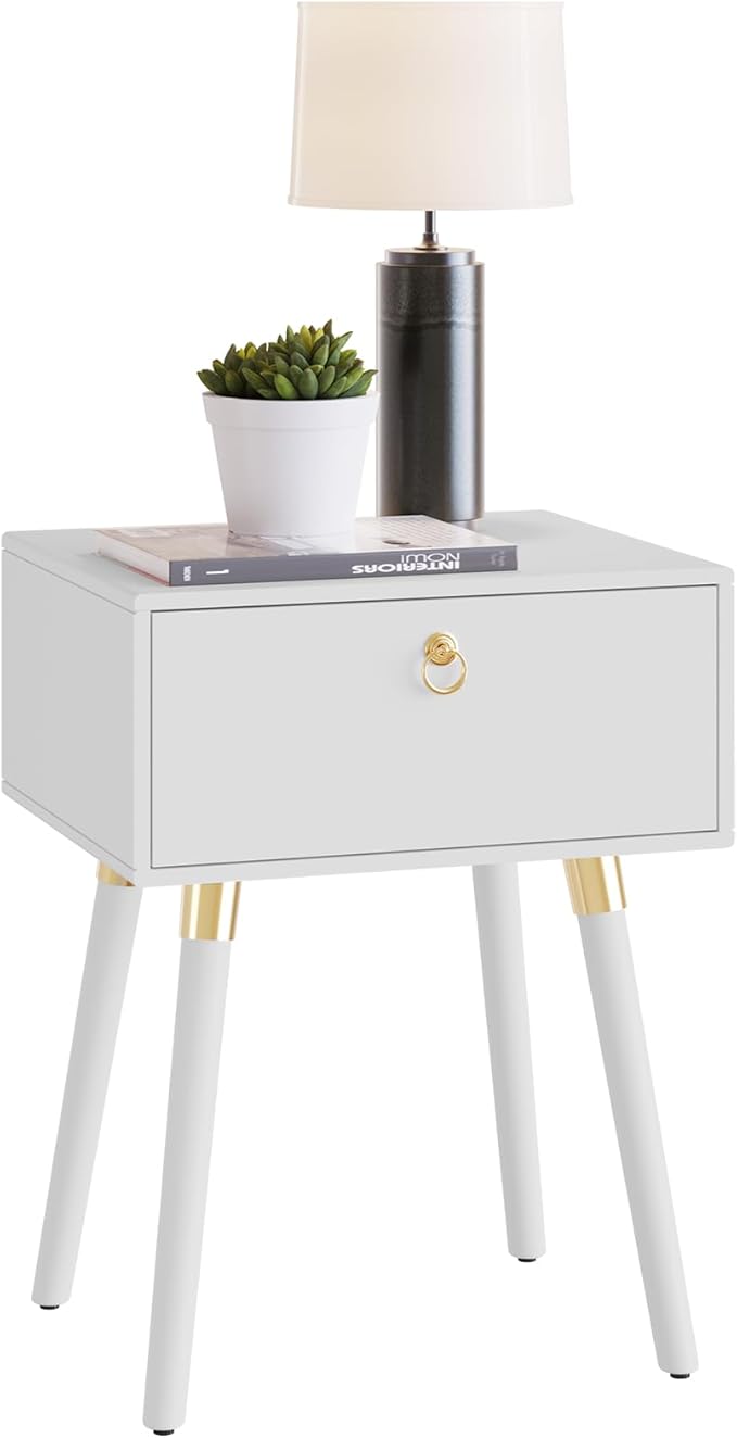 Bme Alden Wood Bedside Table Solid Wood Mid Century Modern Nightstand Compact for Bedroom Living Room & Study Room Easy Assembly, Ivory White