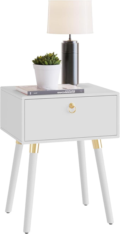 Bme Alden Wood Bedside Table Solid Wood Mid Century Modern Nightstand Compact for Bedroom Living Room & Study Room Easy Assembly, Ivory White