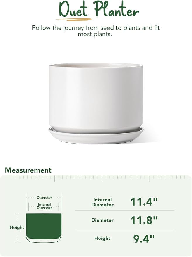 LE TAUCI 12 Inch Pots for Plants, Ceramic Plant Pots with Drainage Holes and Saucers, Elegant and Durable Large Plant Pot, Perfect for Home & Office Decor, White