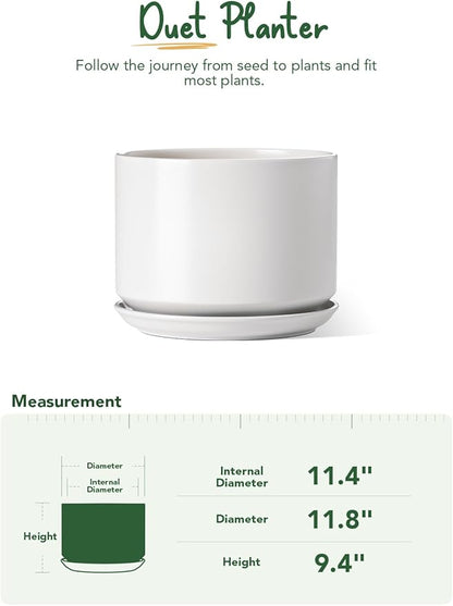 LE TAUCI 12 Inch Pots for Plants, Ceramic Plant Pots with Drainage Holes and Saucers, Elegant and Durable Large Plant Pot, Perfect for Home & Office Decor, White