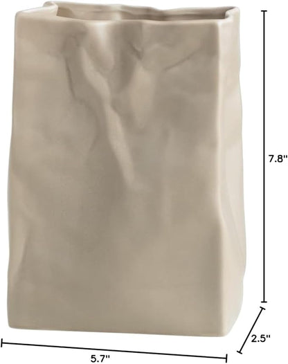 Crinkle Paper Bag Shape Ceramic Flower Vase, Large Capacity for Flower Arrangement, Bookshelf Decorative (Coconut Café)