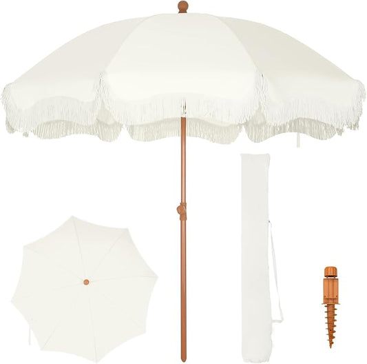 PHI VILLA 7ft Beach Umbrella with Fringe & Sand Anchor, Outdoor Patio Heavy Duty Windproof Portable Tassel Umbrellas for Sand with Push Button Tilt & Carrying Bag, UPF 50+, White(No Base)