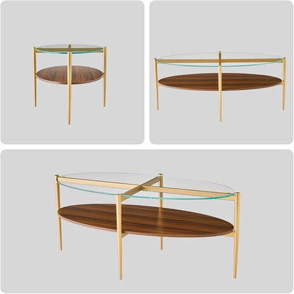 Saint Mossi Olive Glass Coffee Table for Living Room, Mid Century Modern Center Table, Surfboard Clear Glass & Coffee Brown MDF Bottom Shelf with Rounded Corners, L41xW21xH17, Gold Table Legs