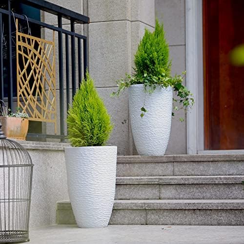 Worth Garden 2-Pack 21" H. White Tall Planters - 14'' Dia Resin Large Round Flower Pots for Outdoor Plants Trees - Imitation Stone Finish Plastic Indoor Front Porch 9 Gallon Decorative Container Patio