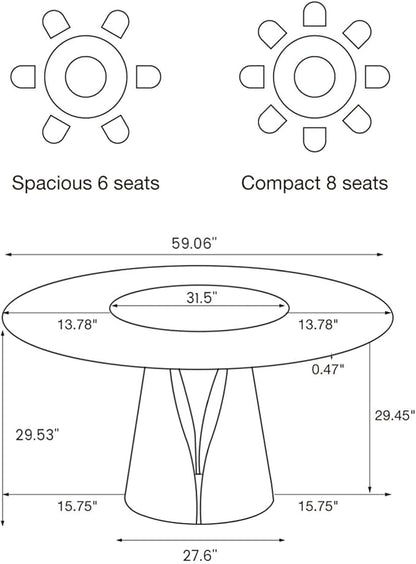 POVISON Round Dining Table for 6 with Lazy Susan, 59" Modern Round Dining Room Table, Glossy White Sintered Stone Tabletop with Black Carbon Steel Pedestal (Dining Table Only)