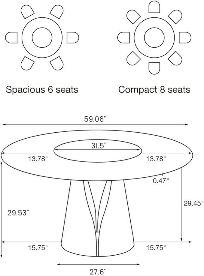 POVISON Round Dining Table for 6, 59" Modern Round Dining Room Table with Lazy Susan, Pandora Sintered Stone Dining Tabletop with Black Carbon Steel Pedestal (Dining Table Only)