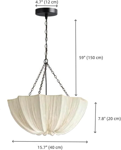 Lantern Fabric Pendant Light Mid-Century Modern Drum Chandelier Faux Silk Cloth Shade 3 Lights Wabi Sabi Light Fixture Farmhouse Ceiling Hanging Light for Dining Room Bedroom