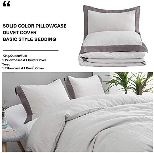 Simple&Opulence 100% Linen Duvet Cover Set with Washed French Flax-Full Size(78"x 86")- 3 Pieces (1 Comforter Cover,2 Pillowshams) Basic Border Design Premium Bedding Set Breathable,Grey and Brown